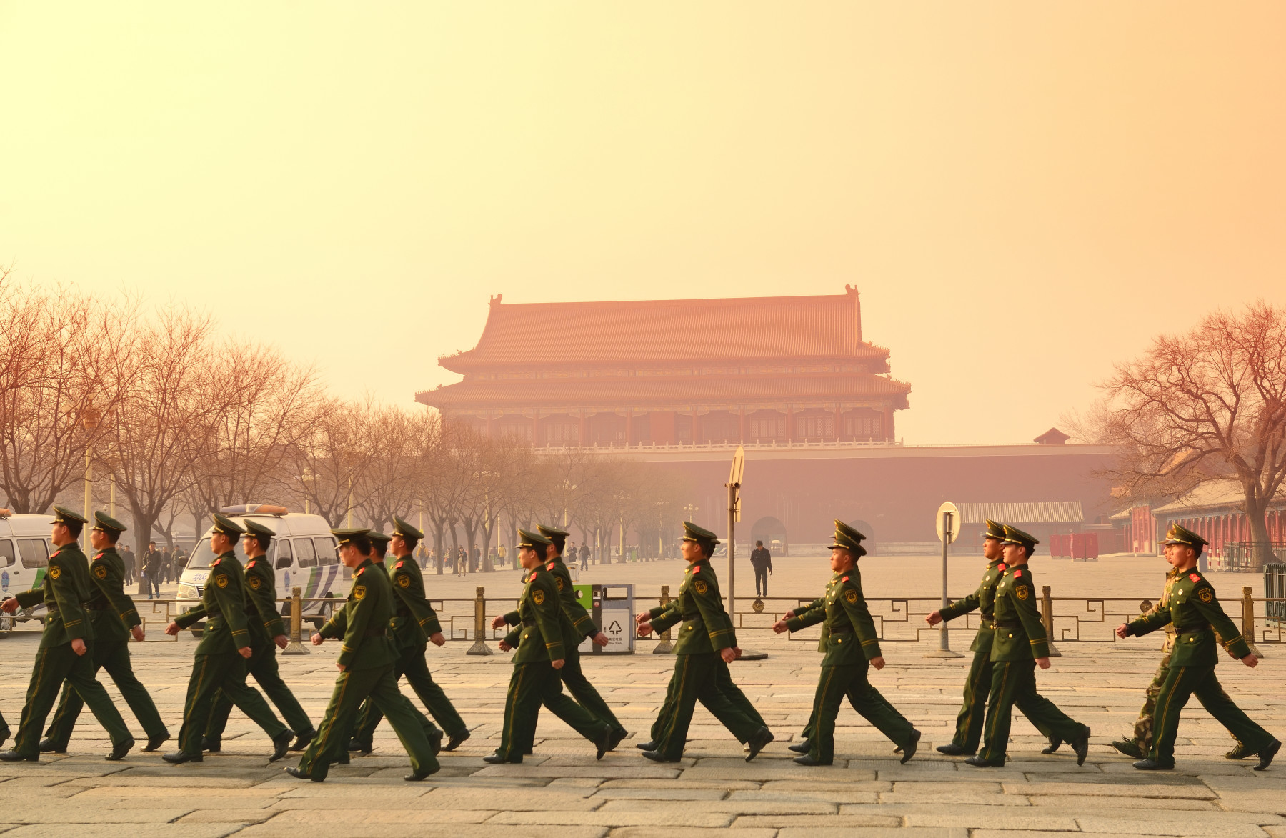 BEIJING, CHINA - APR 1: Team of soldier walk by Tiananmen in the morning on April 1, 2013 in Beijing, China. It is a famous monument in Beijing and serves as a national symbol.